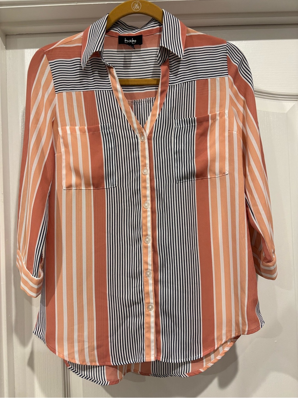 by & by Peach and Black Striped Button-Down Small Shirt 3/4 Sleeve
